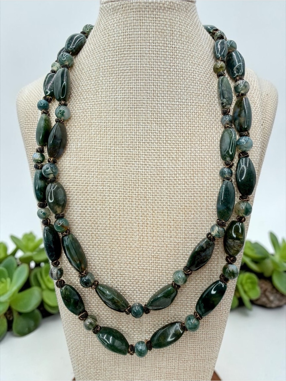 Vintage 46” Genuine Moss Agate Beggar’s Traveler Bead Necklace 107g Bohemian EUC